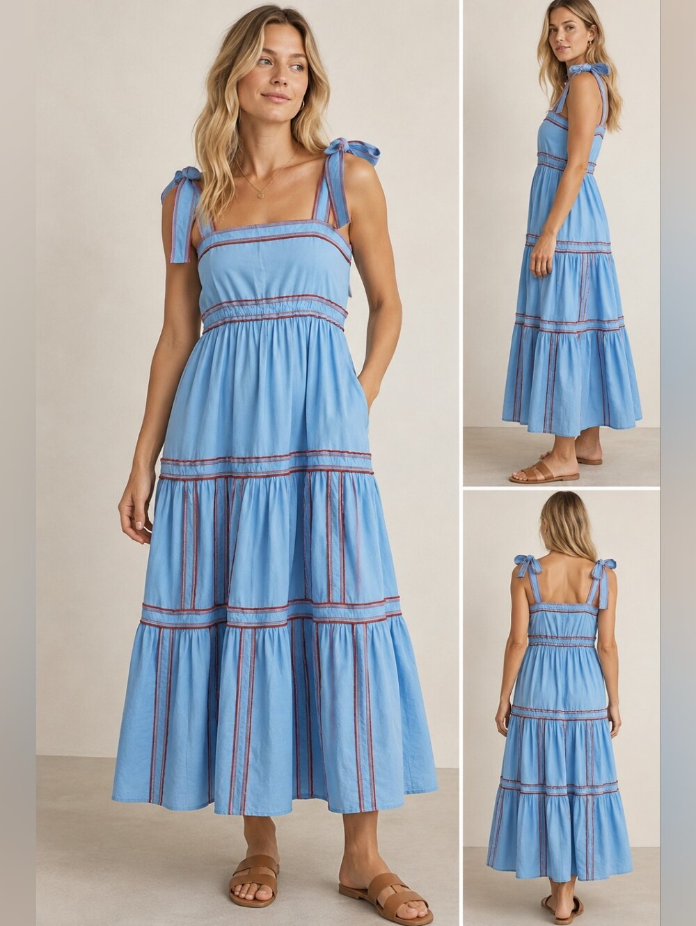 Madison Mathews Blue Tie-Shoulder Tiered Sundress